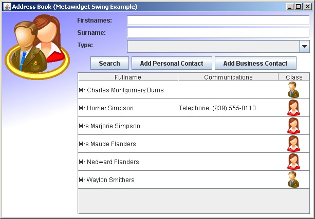 Swing Desktop Address Book opening screen