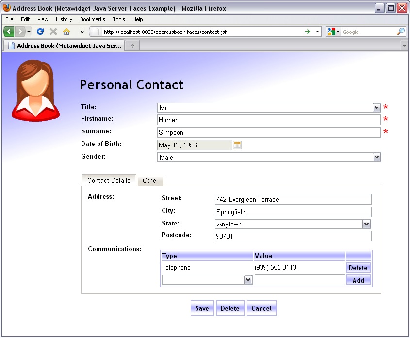 Web Address Book using JBoss RichFaces