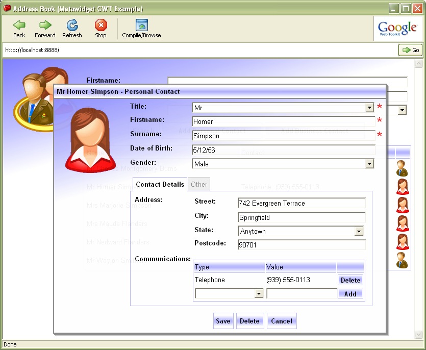 Address Book Example using GWT TabPanel