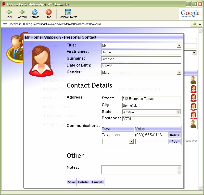 Address Book Example running in GWT Hosted Mode