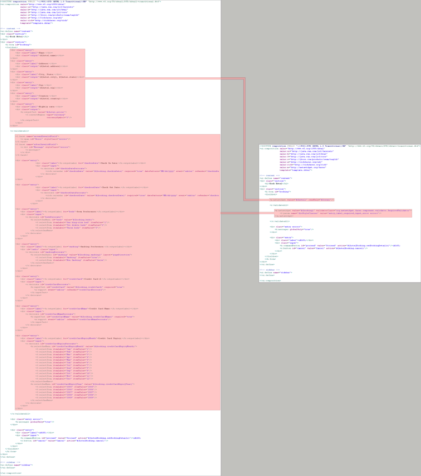 book.xhtml before and after being fitted with Metawidget